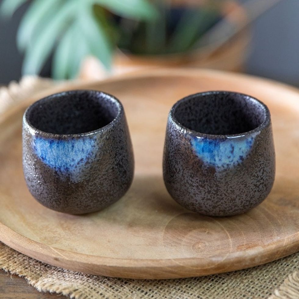 Set of 2 Handcrafted Bohemian Ceramic Cups from Bali 'Bohemian Satisfaction'