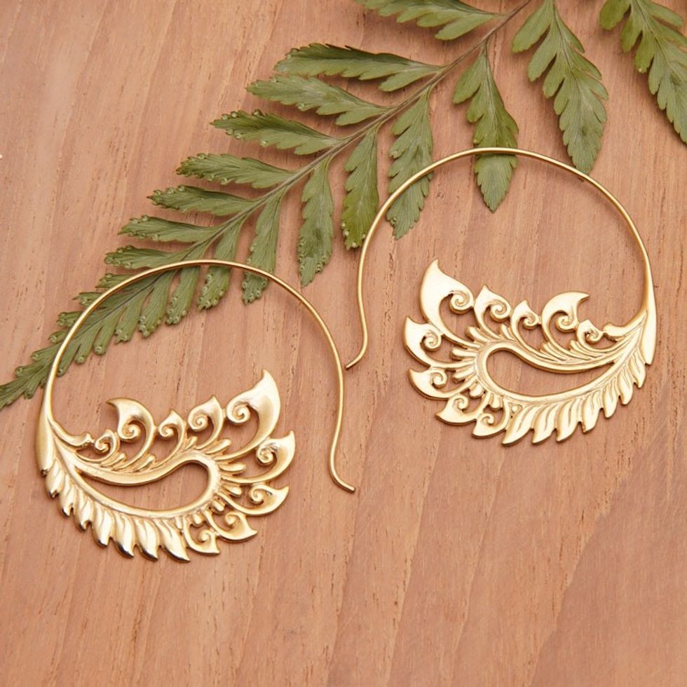 Polished Feather-Themed 18k Gold-Plated Drop Earrings 'Feathers of Love'