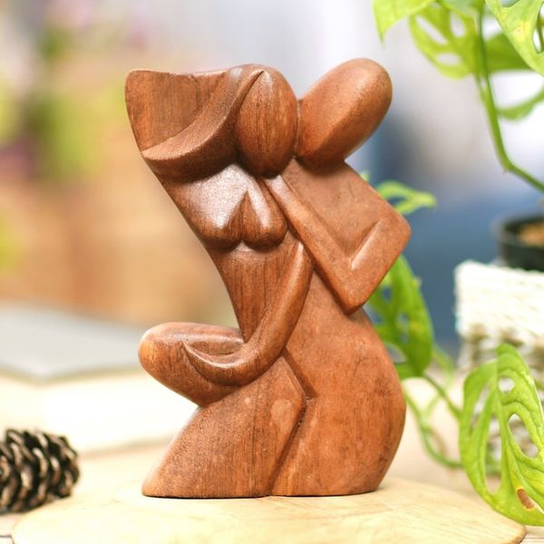 Alternate image for Hand-Carved Romantic Suar Wood Sculpture of a Couple Comfort Hug