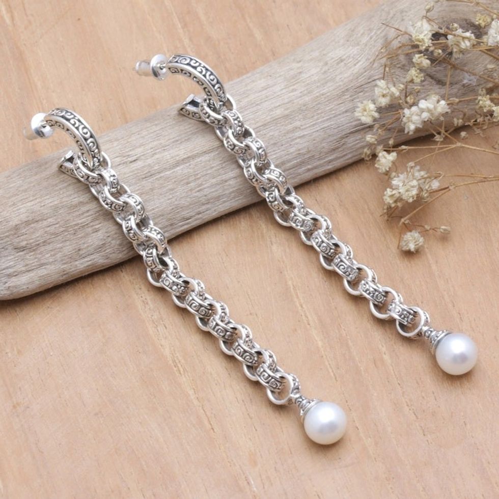 White Cultured Pearl Dangle Earrings with Traditional Motifs 'Buddha Faith Pearls'