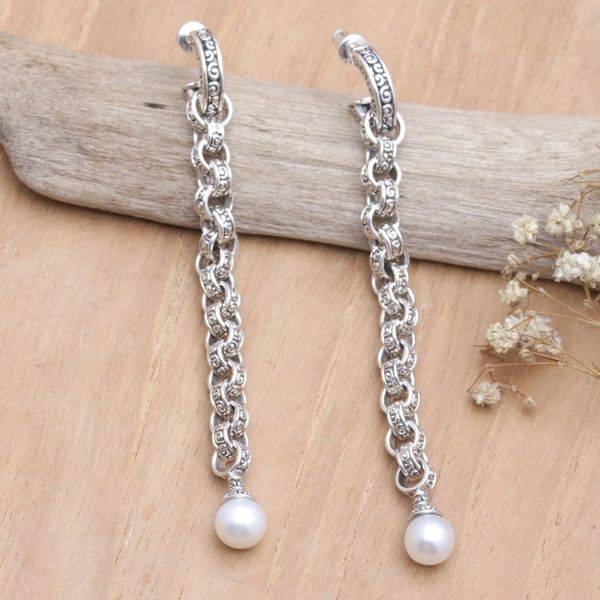 Alternate image for White Cultured Pearl Dangle Earrings with Traditional Motifs Buddha Faith Pearls