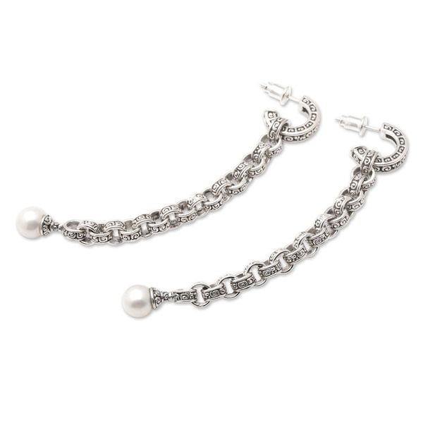 Alternate image for White Cultured Pearl Dangle Earrings with Traditional Motifs Buddha Faith Pearls
