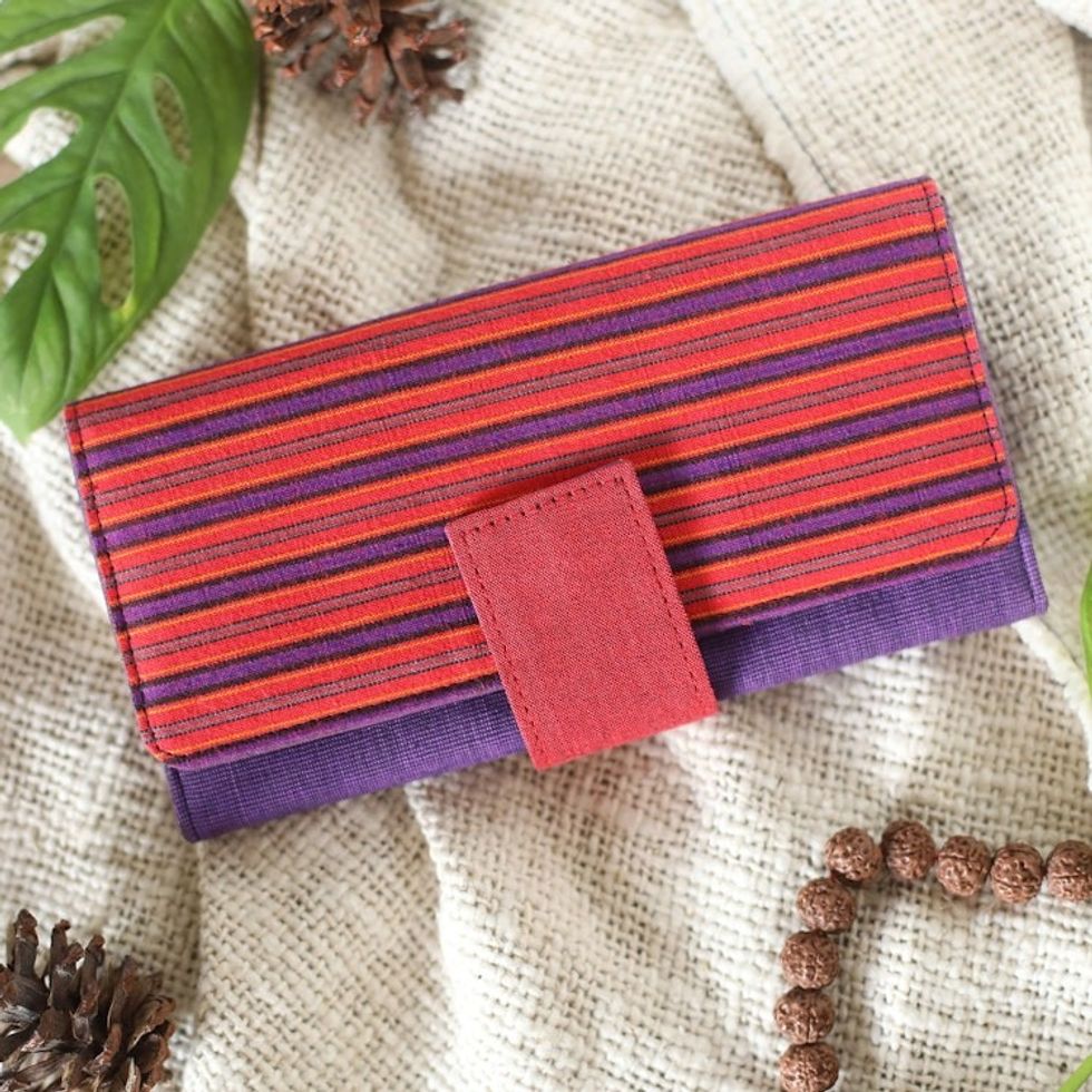 Handwoven Striped Red and Purple Cotton Clutch from Java 'Purple Sekaten'