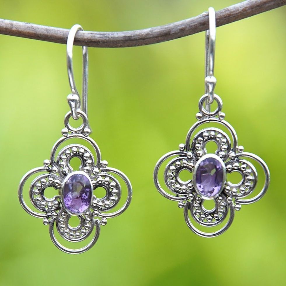Floral Sterling Silver Dangle Earrings with Amethyst Stone 'Bouquet Glam'
