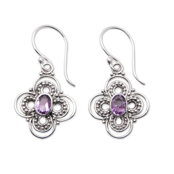 Alternate image for Floral Sterling Silver Dangle Earrings with Amethyst Stone Bouquet Glam