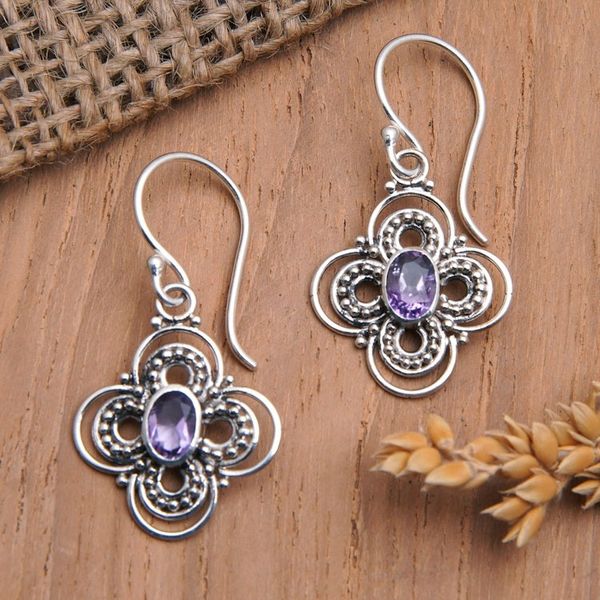 Alternate image for Floral Sterling Silver Dangle Earrings with Amethyst Stone Bouquet Glam