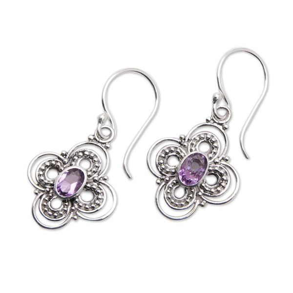 Alternate image for Floral Sterling Silver Dangle Earrings with Amethyst Stone Bouquet Glam