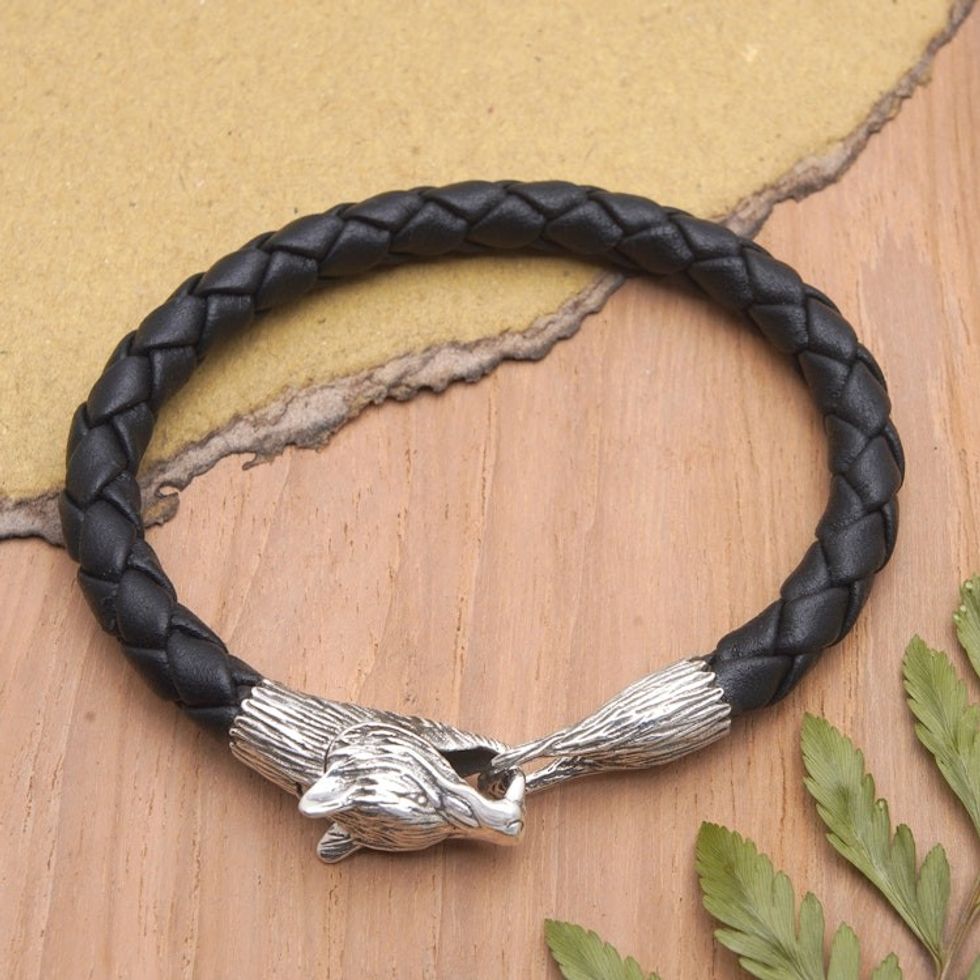 Wolf-Themed Leather and Sterling Silver Pendant Bracelet 'Midnight Wolf'