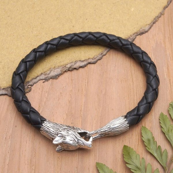 Alternate image for Wolf-Themed Leather and Sterling Silver Pendant Bracelet Midnight Wolf