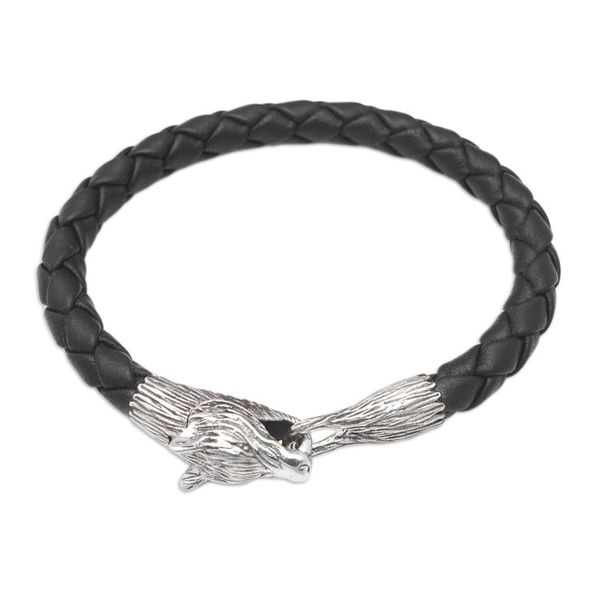 Alternate image for Wolf-Themed Leather and Sterling Silver Pendant Bracelet Midnight Wolf