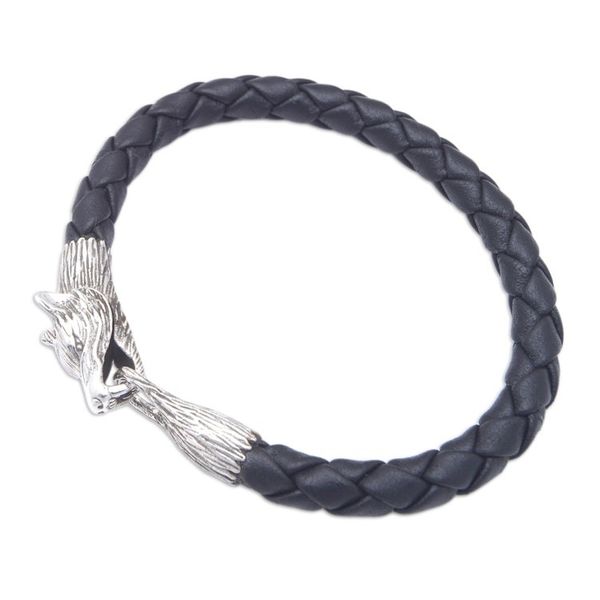 Alternate image for Wolf-Themed Leather and Sterling Silver Pendant Bracelet Midnight Wolf