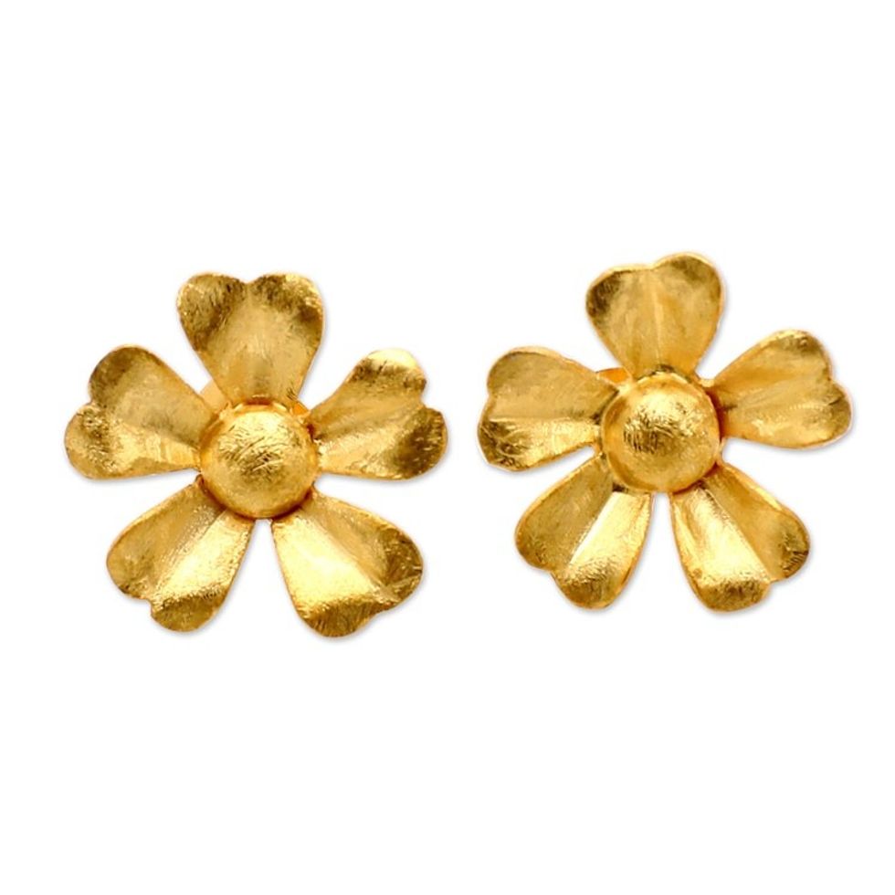 Handcrafted Floral 18k Gold-Plated Button Earrings from Bali 'Fortune Bloom'