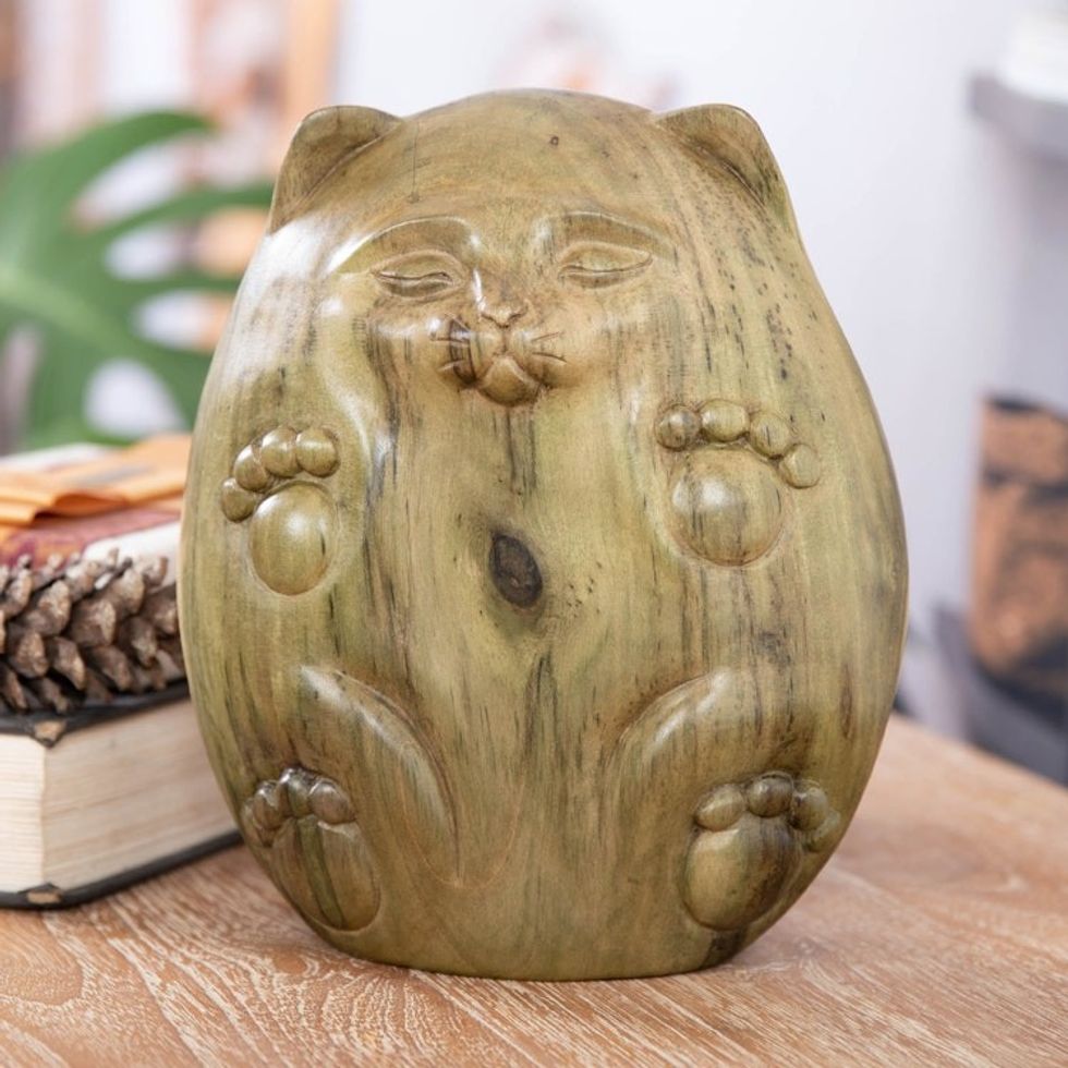 Whimsical Cat-Themed Hibiscus Wood Sculpture from Bali 'Feline Baby'