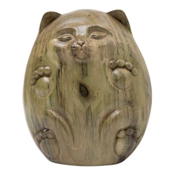 Alternate image for Whimsical Cat-Themed Hibiscus Wood Sculpture from Bali Feline Baby