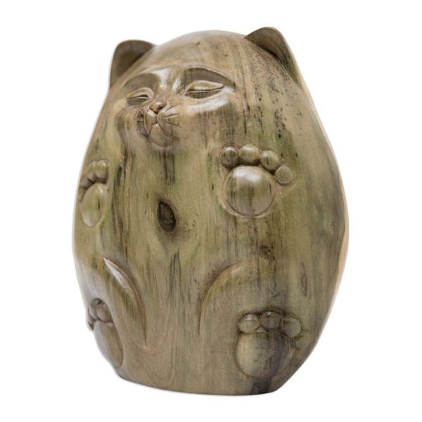 Alternate image for Whimsical Cat-Themed Hibiscus Wood Sculpture from Bali Feline Baby