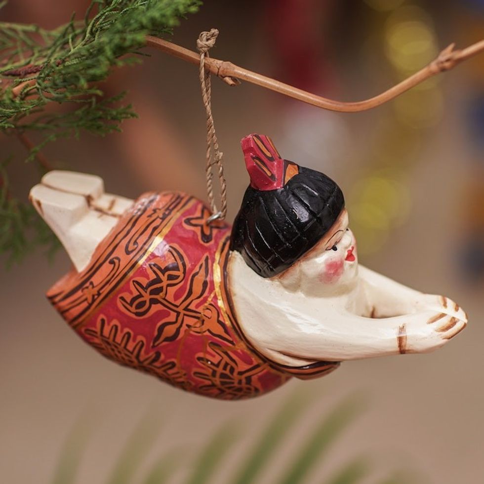 Hand-Painted Albesia Wood Ornament of Diving Woman 'Graceful Dive'