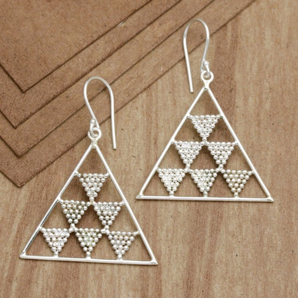 Sterling Silver Pyramid Dangle Earrings Crafted in Bali 'Beaded Pyramids'