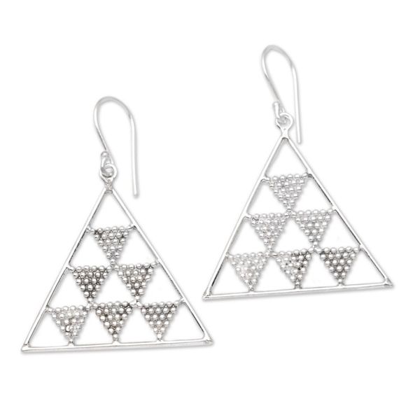 Alternate image for Sterling Silver Pyramid Dangle Earrings Crafted in Bali Beaded Pyramids
