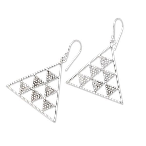 Alternate image for Sterling Silver Pyramid Dangle Earrings Crafted in Bali Beaded Pyramids
