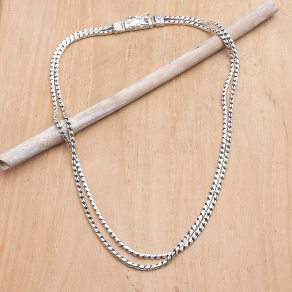 Balinese Mens Sterling Silver Double Strand Chain Necklace 'Layer of Protection'
