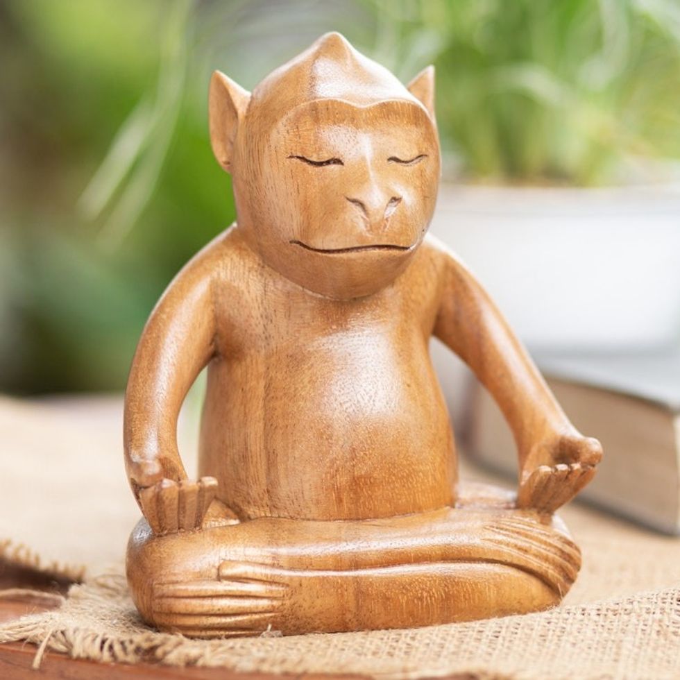 Handmade Brown Suar Wood Monkey Statuette from Bali 'Joyous Master'