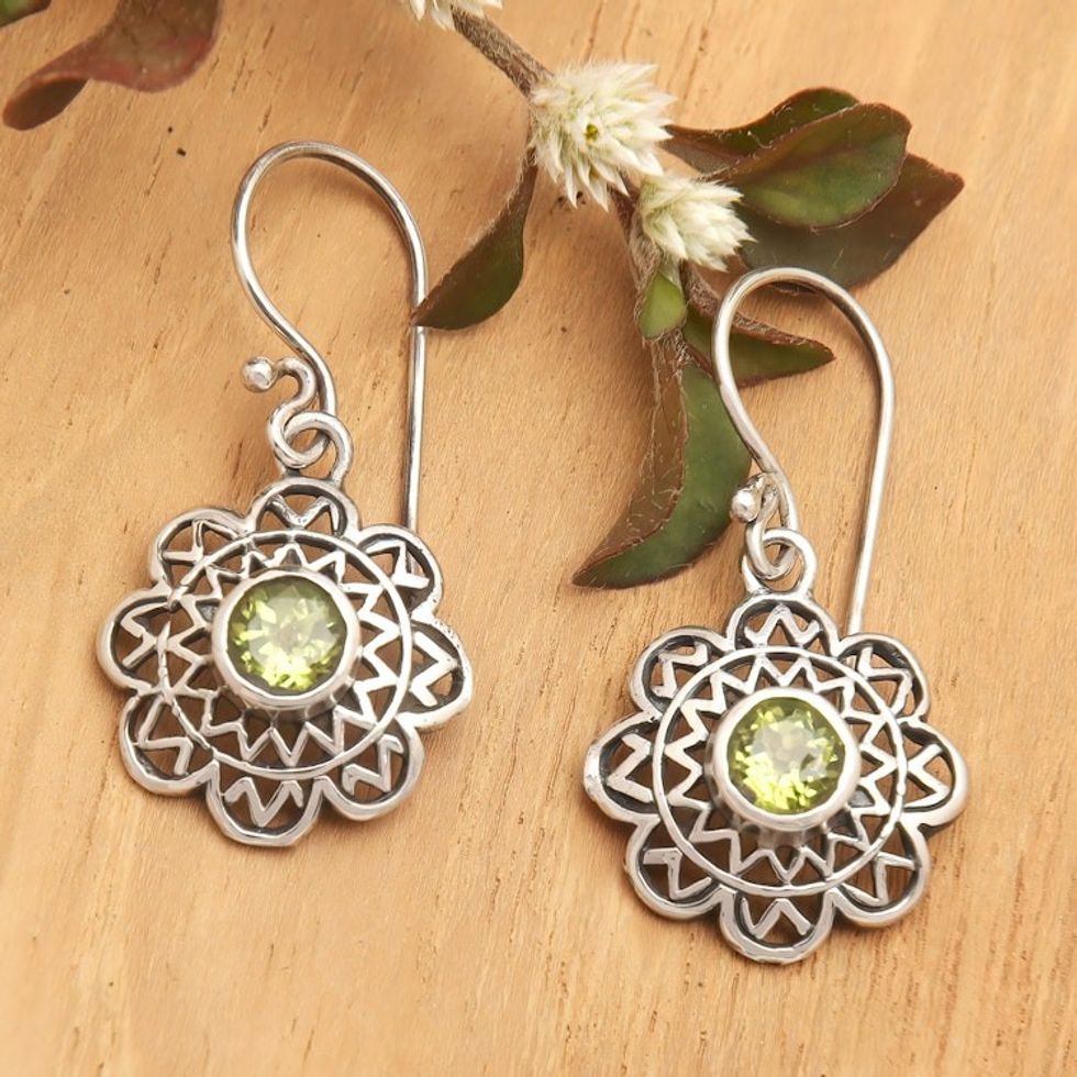 Floral Sterling Silver Dangle Earrings with 1-Carat Peridot 'Spring's Fortune'