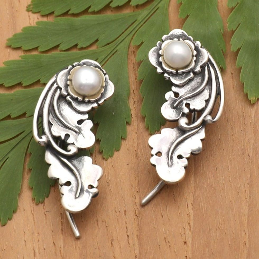 Floral Sterling Silver Ear Climbers with Grey Pearls 'Ever Heavenly'