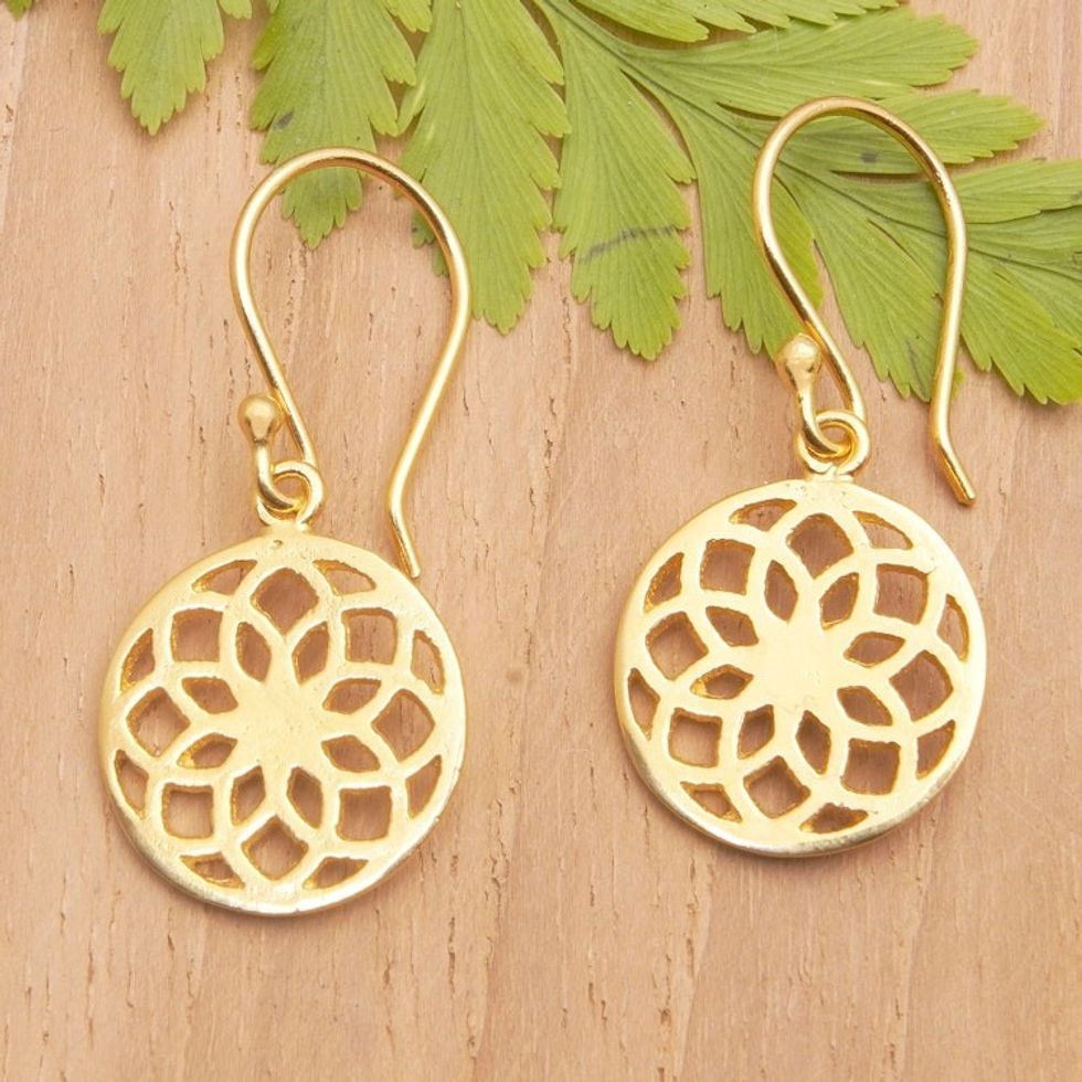 Polished 18k Gold-Plated Round Lotus Dangle Earrings 'Divine Energies'