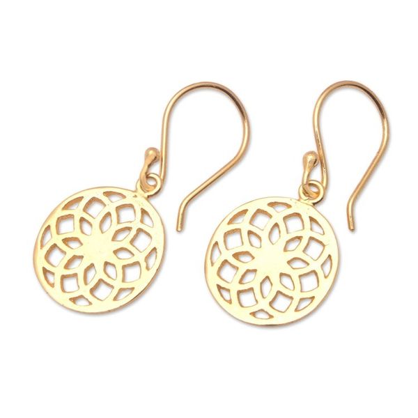 Alternate image for Polished 18k Gold-Plated Round Lotus Dangle Earrings Divine Energies