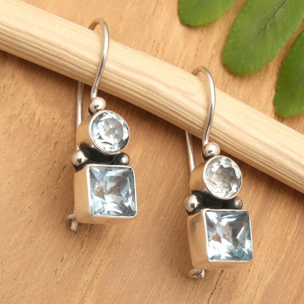 Polished Drop Earrings with Over-One-Carat Blue Topaz Gems 'Sparkles of Loyalty'