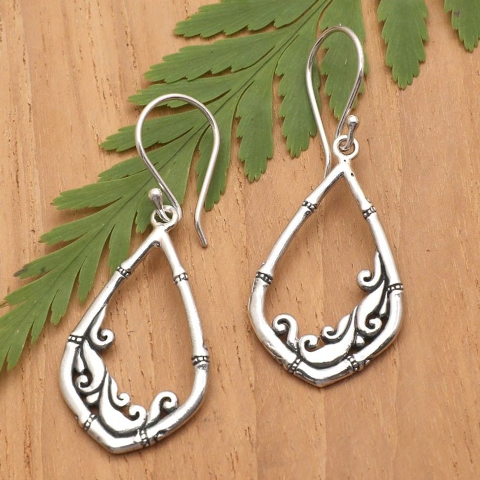Bamboo-Themed Traditional Sterling Silver Dangle Earrings 'Majestic Bamboo'