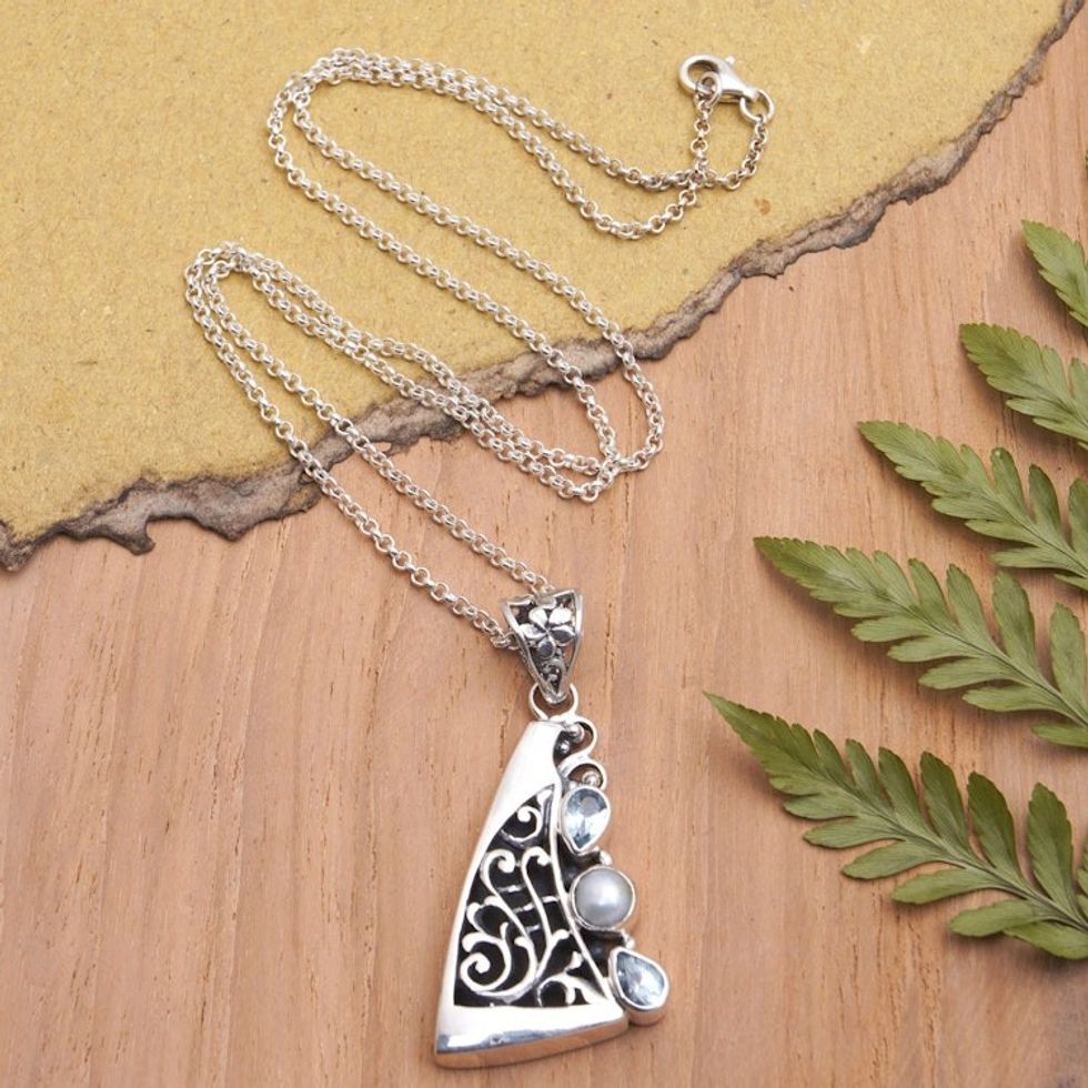 Marine-Themed Pendant Necklace with Blue Topaz and Pearls 'Marine Voyage'