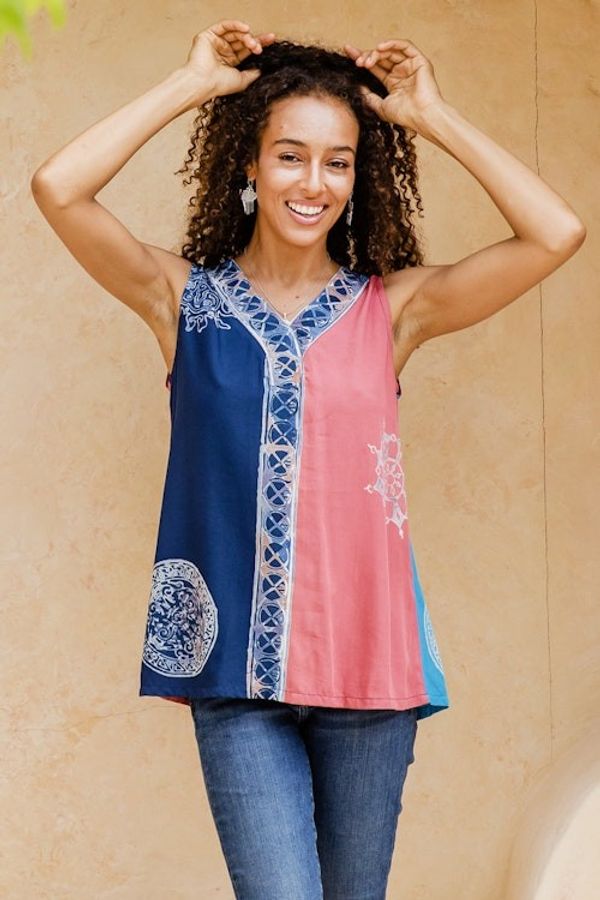 Alternate image for Blue and Pink Batik Rayon Tank Top Crafted in Bali Warmth in Bali