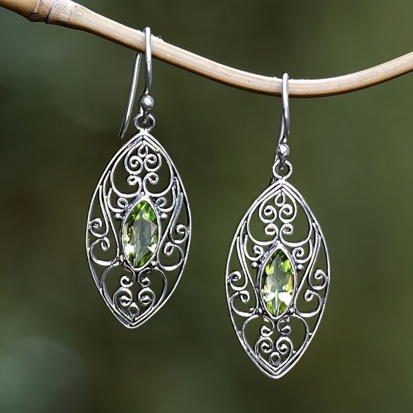 Alternate image for Sterling Silver Filigree Dangle Earrings with Peridot Jewels Fortune Eyes
