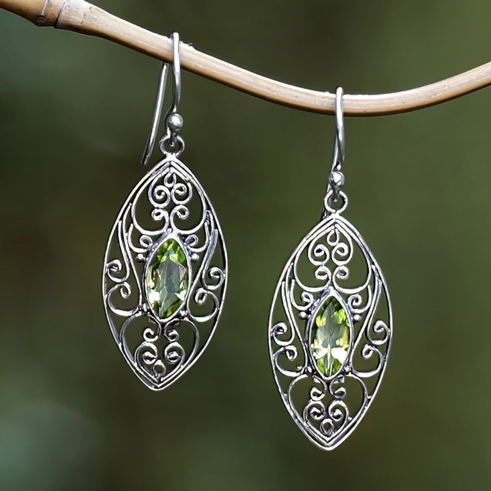 Sterling Silver Filigree Dangle Earrings with Peridot Jewels 'Fortune Eyes'