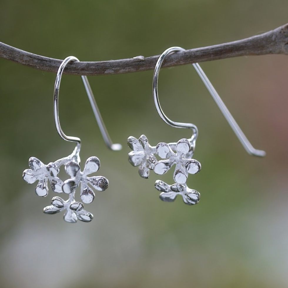 Sterling Silver Frangipani Drop Earrings Crafted in Bali 'Frangipani Kisses'
