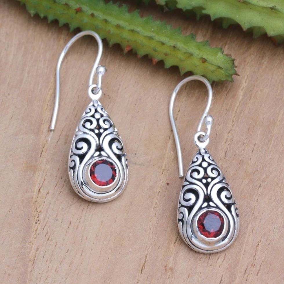 Sterling Silver Tear-Shaped Dangle Earrings with Garnet Gems 'Tears of Passion'