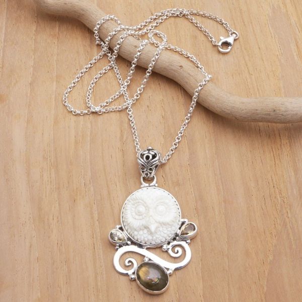 Alternate image for Labradorite Citrine and Sterling Silver Owl Pendant Necklace Dark Owl