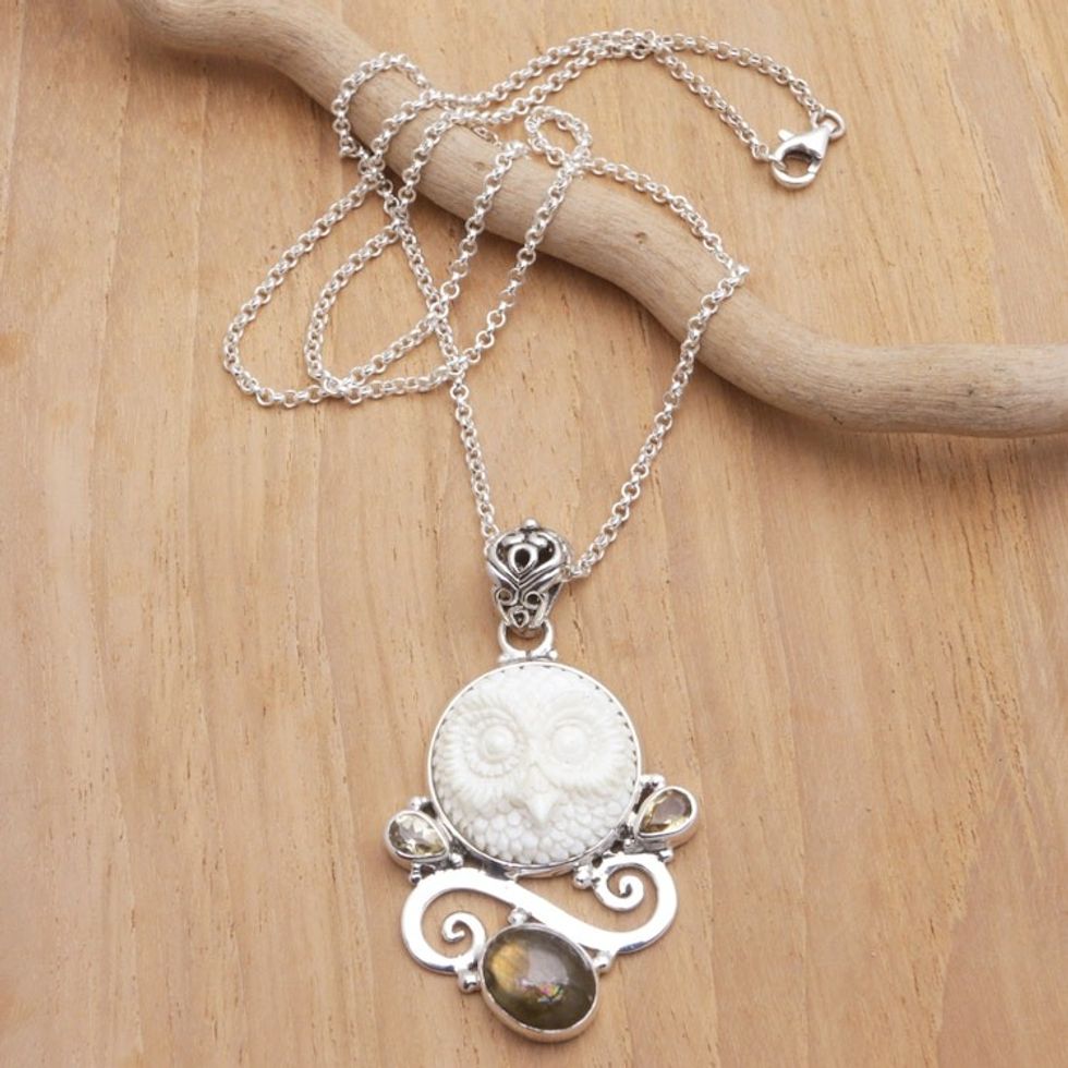 Labradorite Citrine and Sterling Silver Owl Pendant Necklace 'Dark Owl'