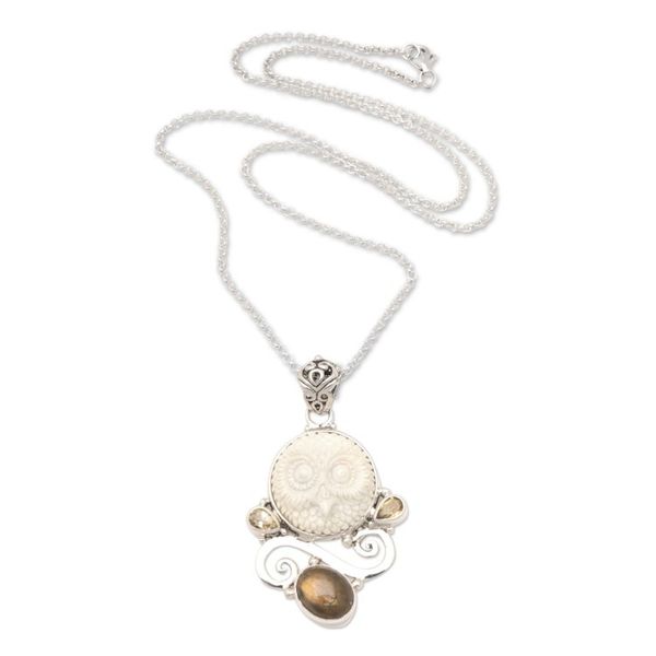 Alternate image for Labradorite Citrine and Sterling Silver Owl Pendant Necklace Dark Owl