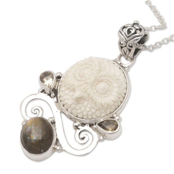 Alternate image for Labradorite Citrine and Sterling Silver Owl Pendant Necklace Dark Owl
