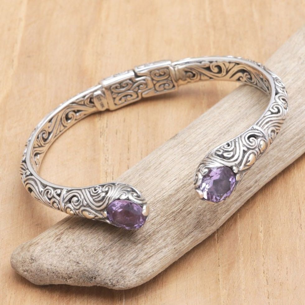 18k Gold-Accented Cuff Bracelet with Faceted Amethyst Gems 'Purple Bali Paths'