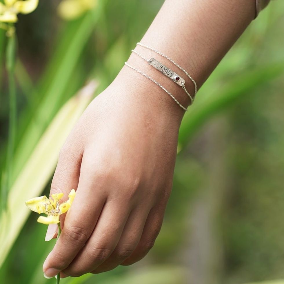 Sterling Silver Wrap Pendant Bracelet with Garnet Stone 'Passion Smile'