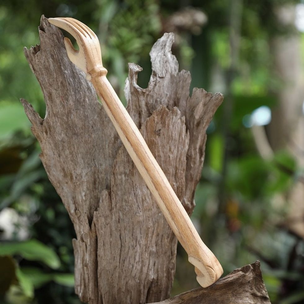 Wood Back Scratcher Carved by Hand in Bali with Owl Motif 'Give Me a Hand'