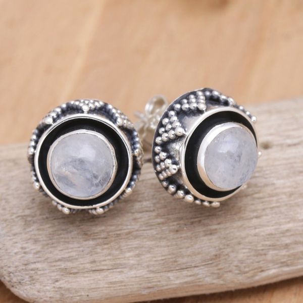 Alternate image for Sterling Silver Button Earrings with Rainbow Moonstones Echoes of Harmony