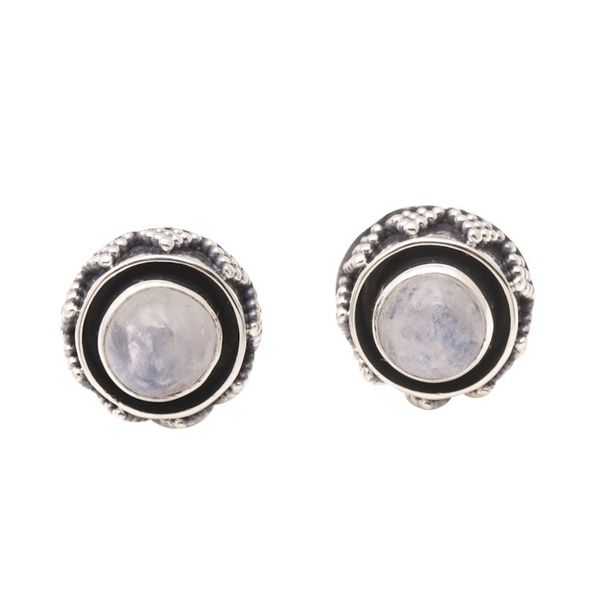 Alternate image for Sterling Silver Button Earrings with Rainbow Moonstones Echoes of Harmony