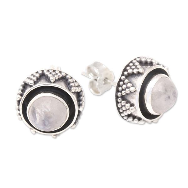 Alternate image for Sterling Silver Button Earrings with Rainbow Moonstones Echoes of Harmony