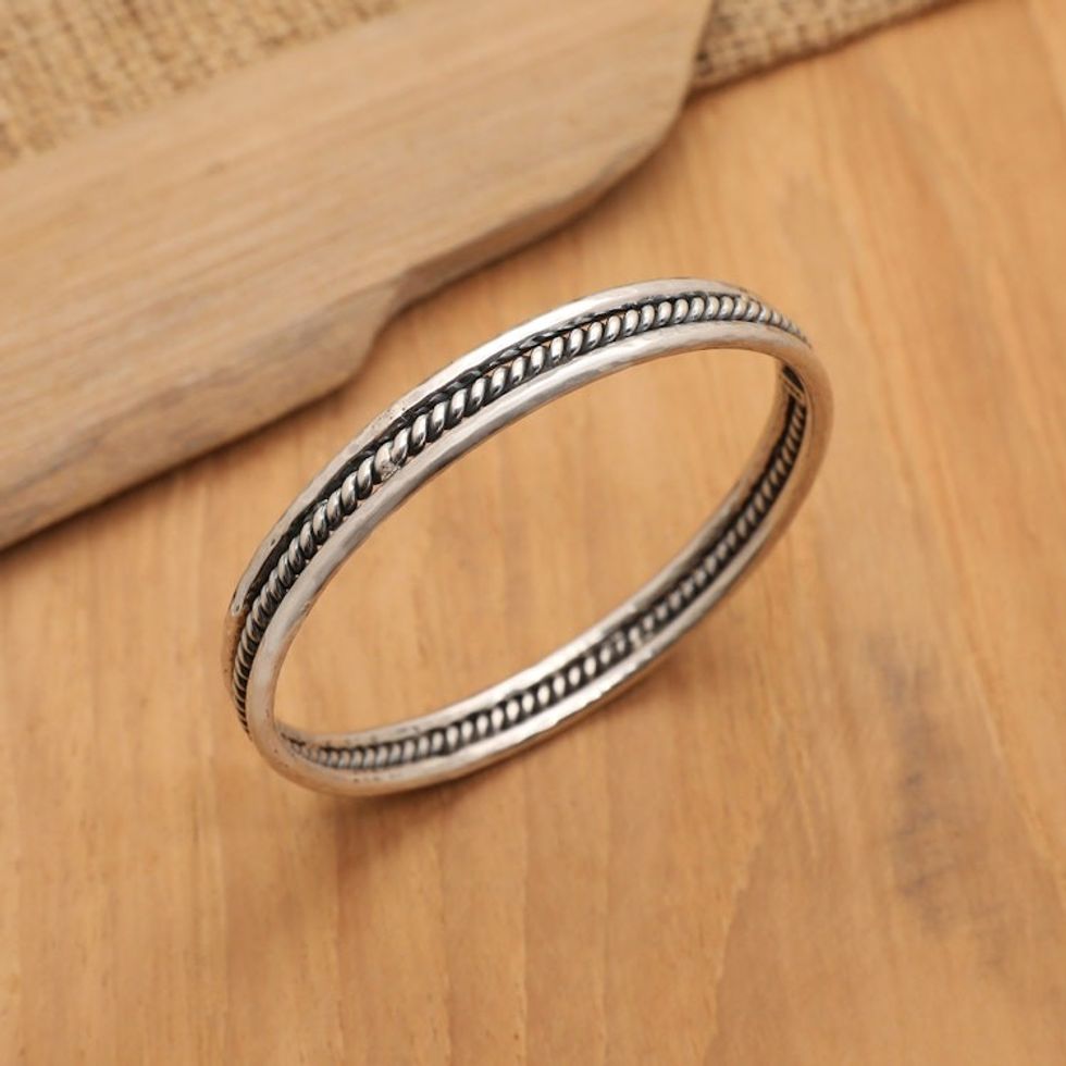Sterling Silver Bangle Bracelet with Combination Finish 'Charming Loop'