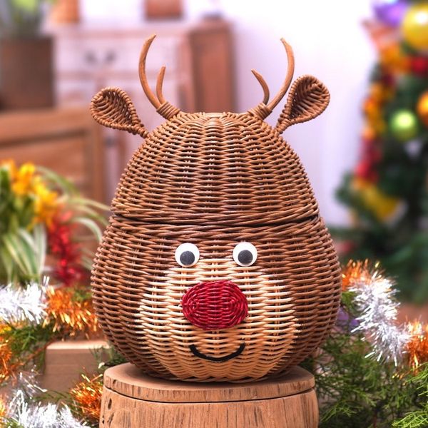 Alternate image for Holiday Reindeer Rattan Basket Painted by Hand Secret Holiday Reindeer