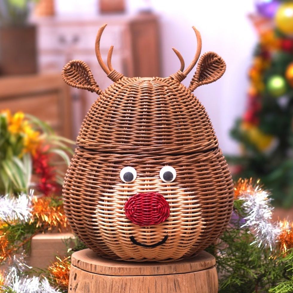 Holiday Reindeer Rattan Basket Painted by Hand 'Secret Holiday Reindeer'